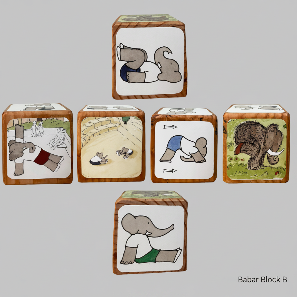 Set of wooden blocks with elephant illustrations on a gray background