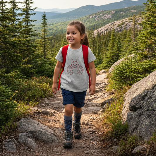 Gray lobster shirt little girl hiking in mountains