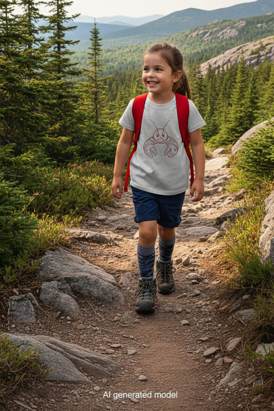 Gray lobster shirt little girl hiking in mountains