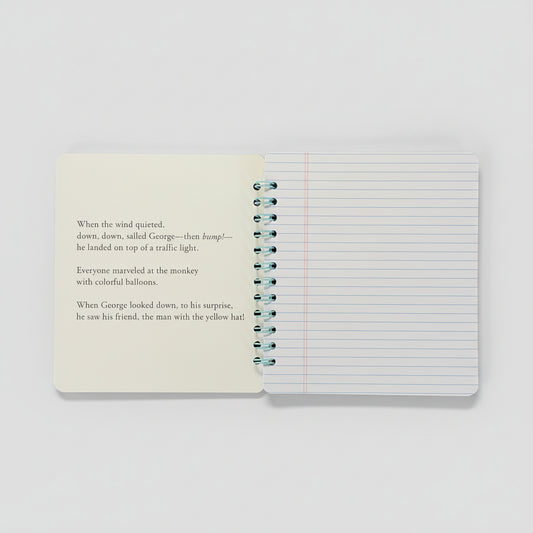 Open notebook with text on one page and lined pages on the other, on a textured surface.