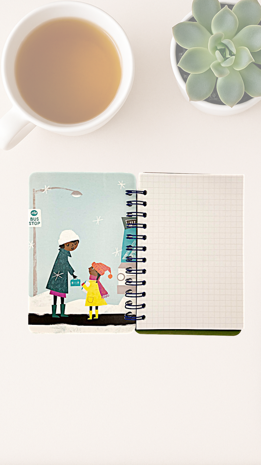 Notebook with illustration mother handing a lunchbox to a child waiting at a bus stop in the winter