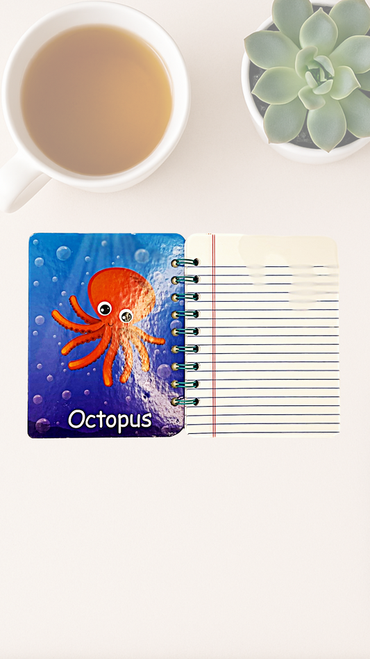 Open notebook with an illustrated octopus design on the inside cover