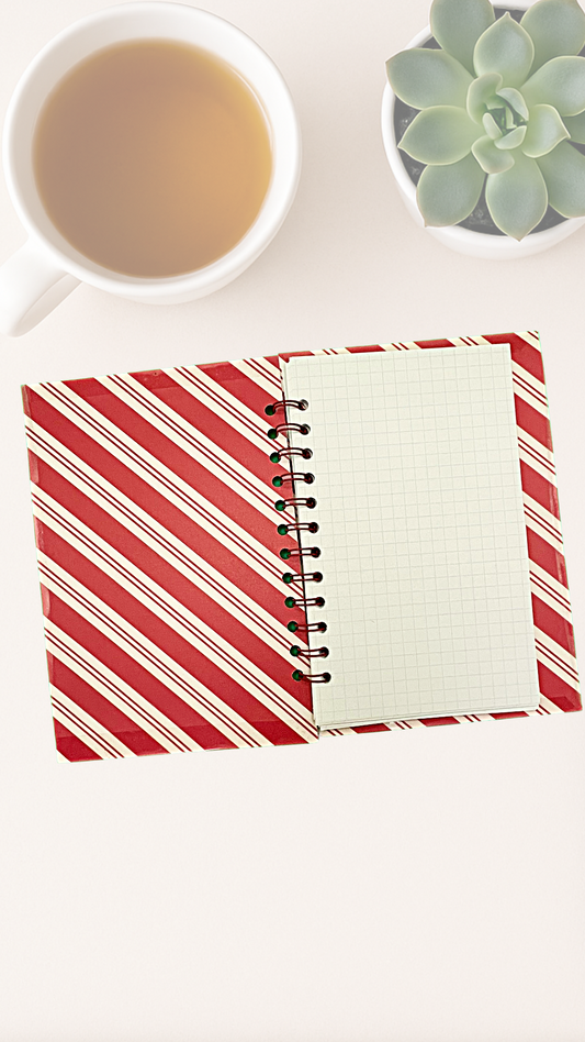 Inside cover - Red and white striped notebook with a cup of tea and succulent plant on a white surface