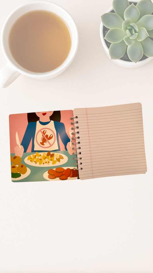 Notebook with colorful cover featuring a person at a table wearing a No Lobster bib
