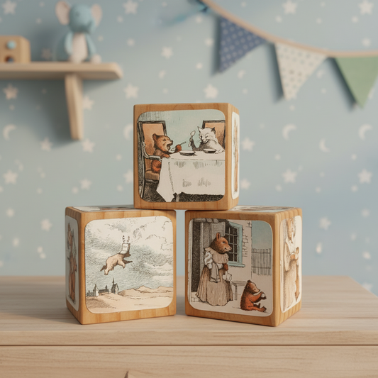 Set of wooden blocks with illustrated scenes of a bear and cat, a flying dog, and a bear in a dress.