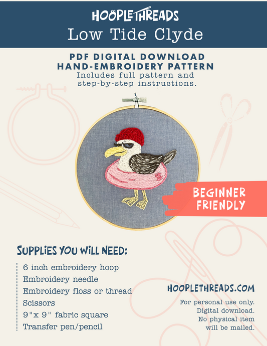 Low Tide Clyde the Seagull Embroidery Pattern PDF