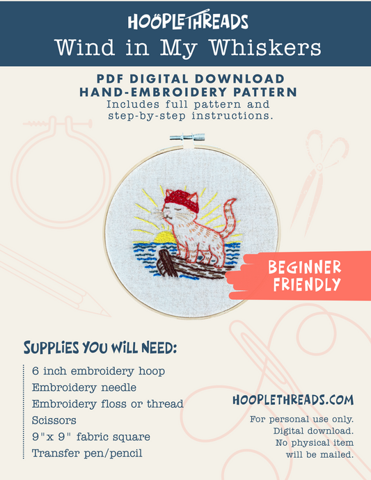 Wind in My Whiskers Beginner Hand Embroidery Pattern