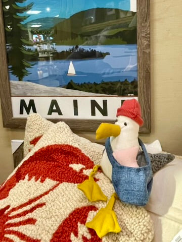 Stuffed Seagull on Lobster Bag with Maine Picture and Lobster Pillow