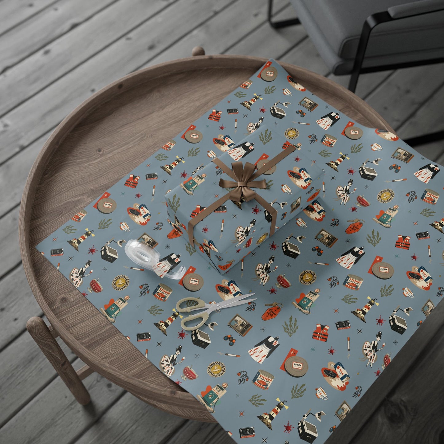 Widows Bay Inspired Wrapping Paper | Retro Coastal Mystery Gift Wrap | Vintage Motel Wallpaper Style | Stormy Harbor Blue