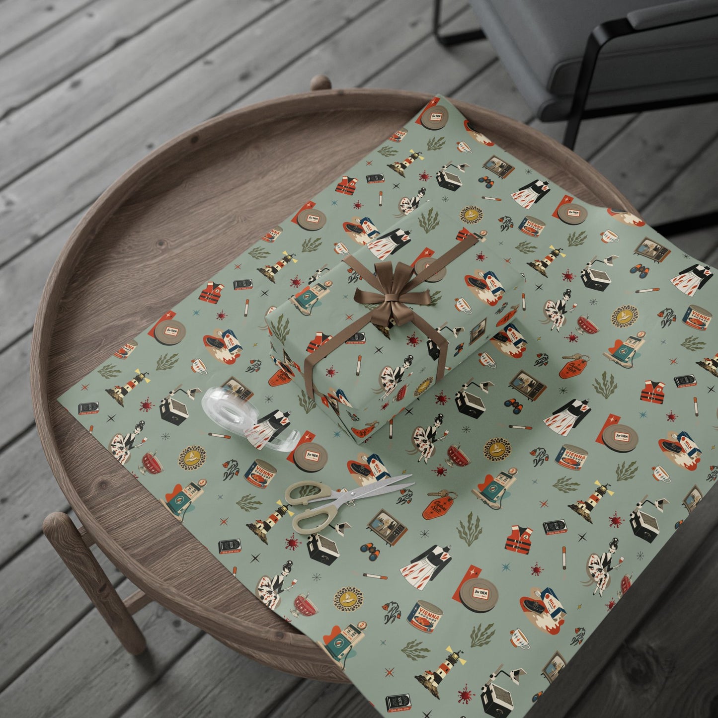 Widows Bay Inspired Wrapping Paper | Retro Coastal Mystery Gift Wrap | Vintage Motel Wallpaper Style | Sea Hag Sage