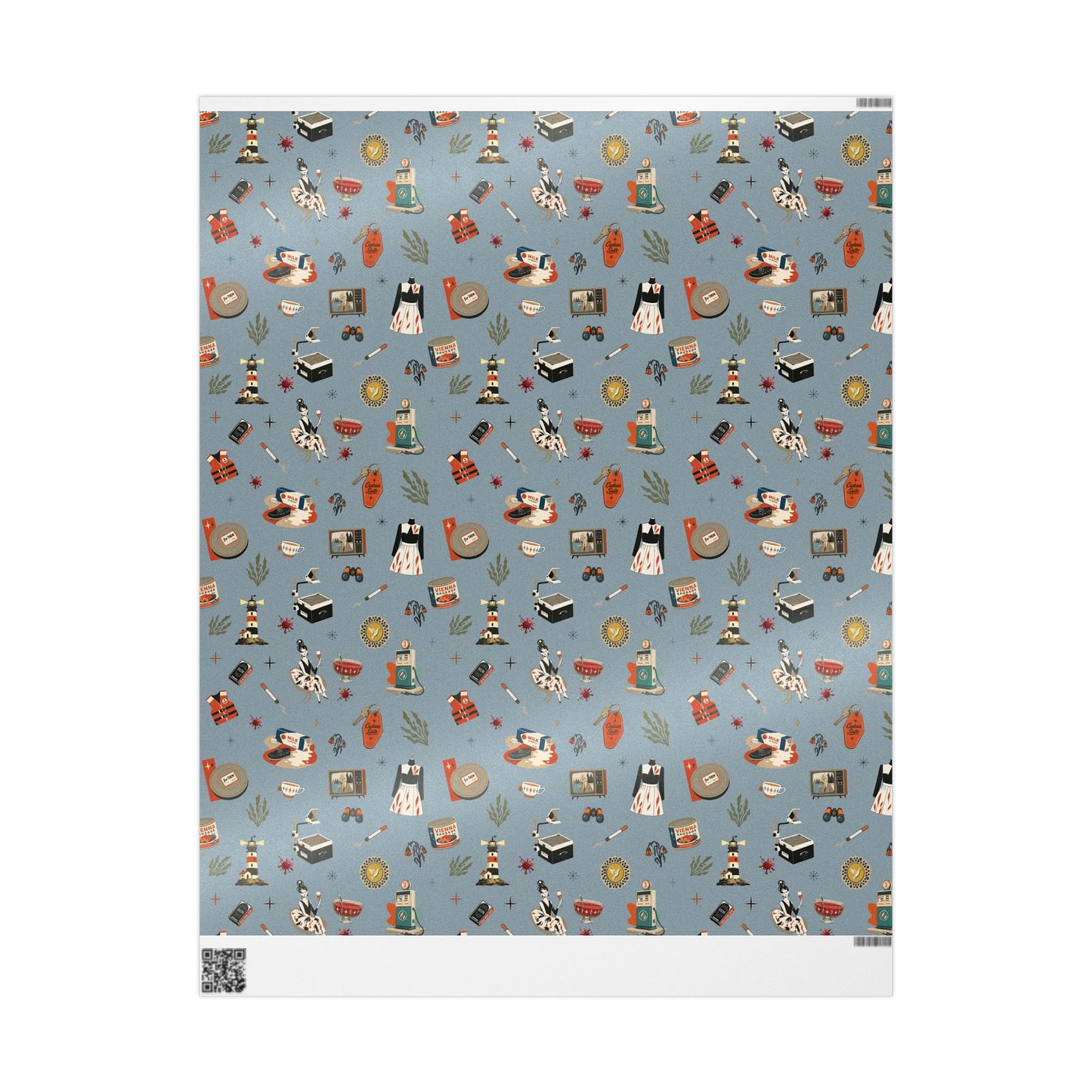 Widows Bay Inspired Wrapping Paper | Retro Coastal Mystery Gift Wrap | Vintage Motel Wallpaper Style | Stormy Harbor Blue