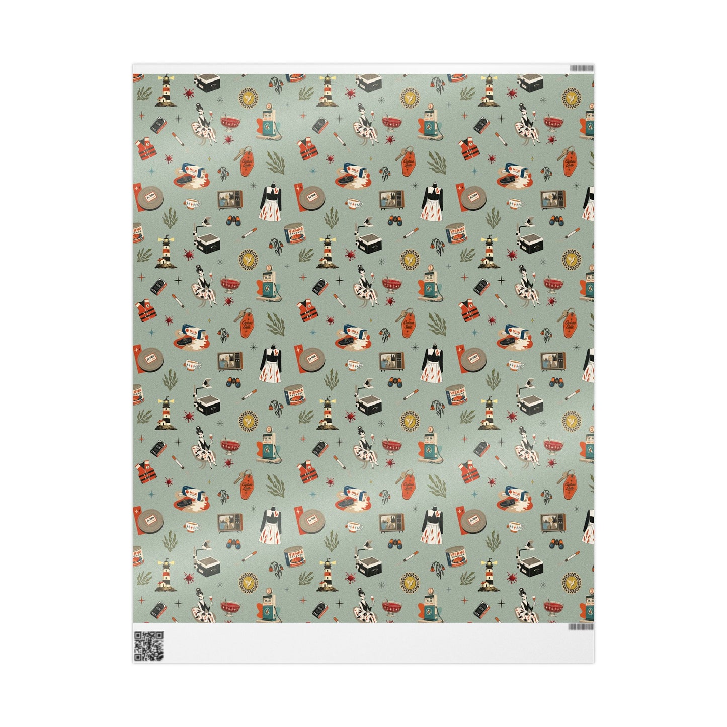 Widows Bay Inspired Wrapping Paper | Retro Coastal Mystery Gift Wrap | Vintage Motel Wallpaper Style | Sea Hag Sage
