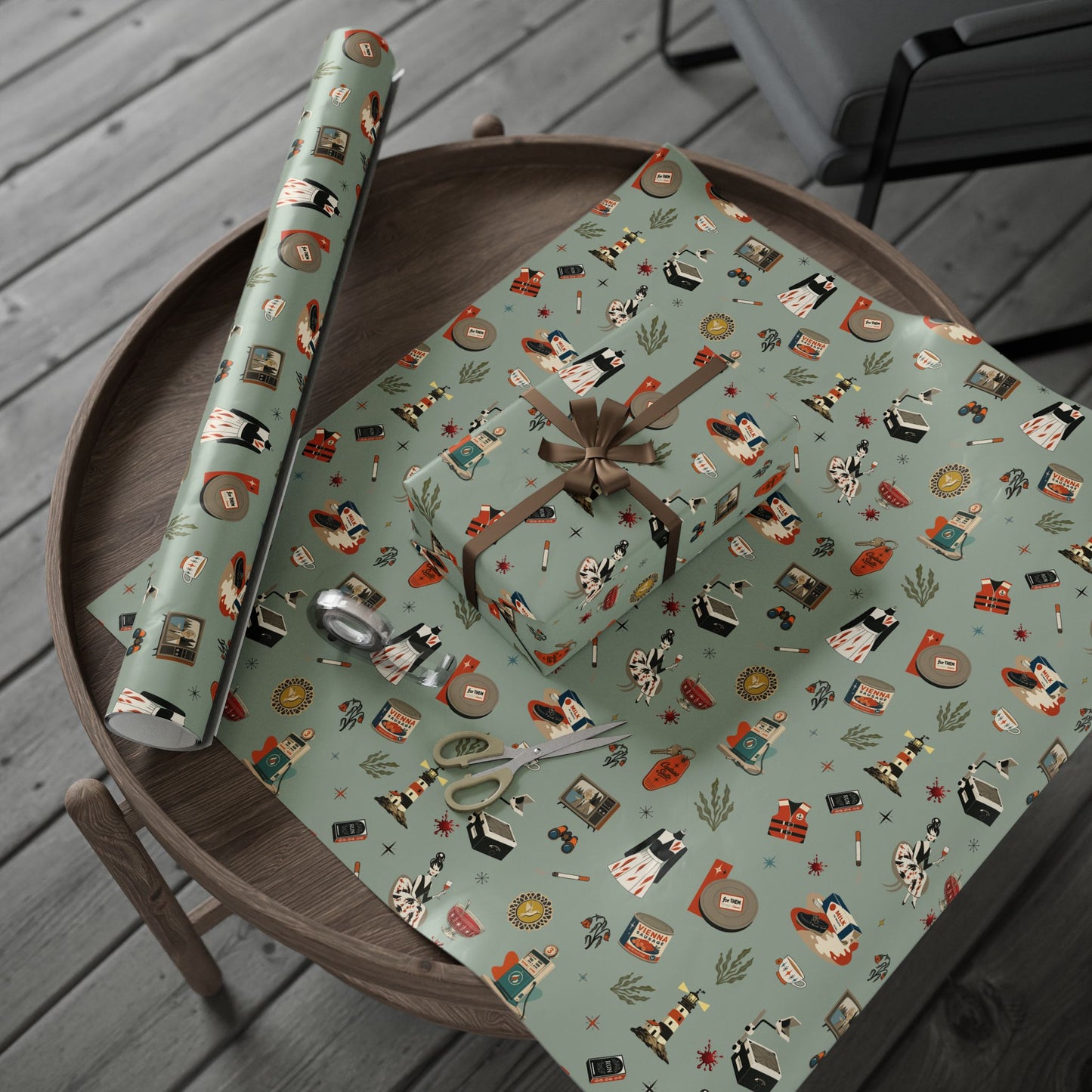Widows Bay Inspired Wrapping Paper | Retro Coastal Mystery Gift Wrap | Vintage Motel Wallpaper Style | Sea Hag Sage