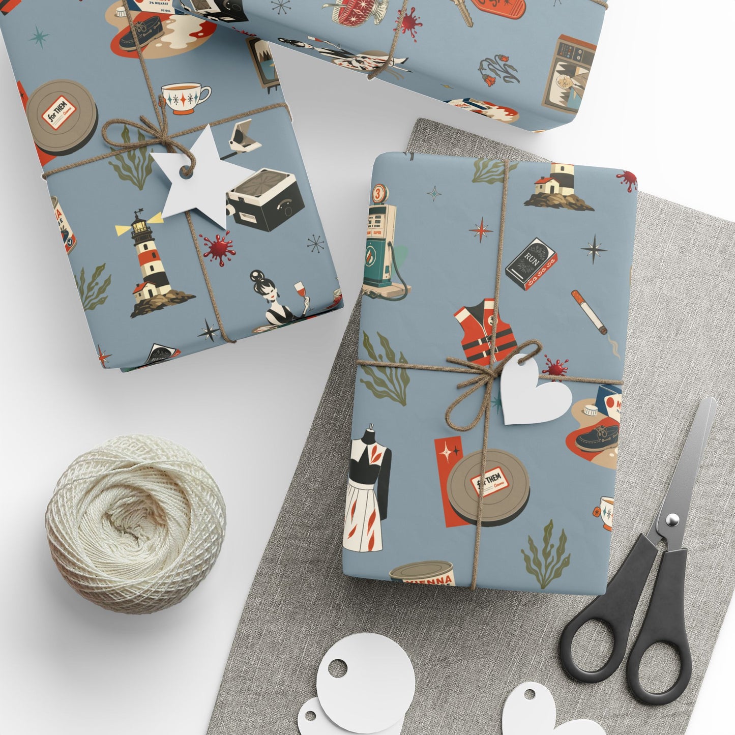 Widows Bay Inspired Wrapping Paper | Retro Coastal Mystery Gift Wrap | Vintage Motel Wallpaper Style | Stormy Harbor Blue