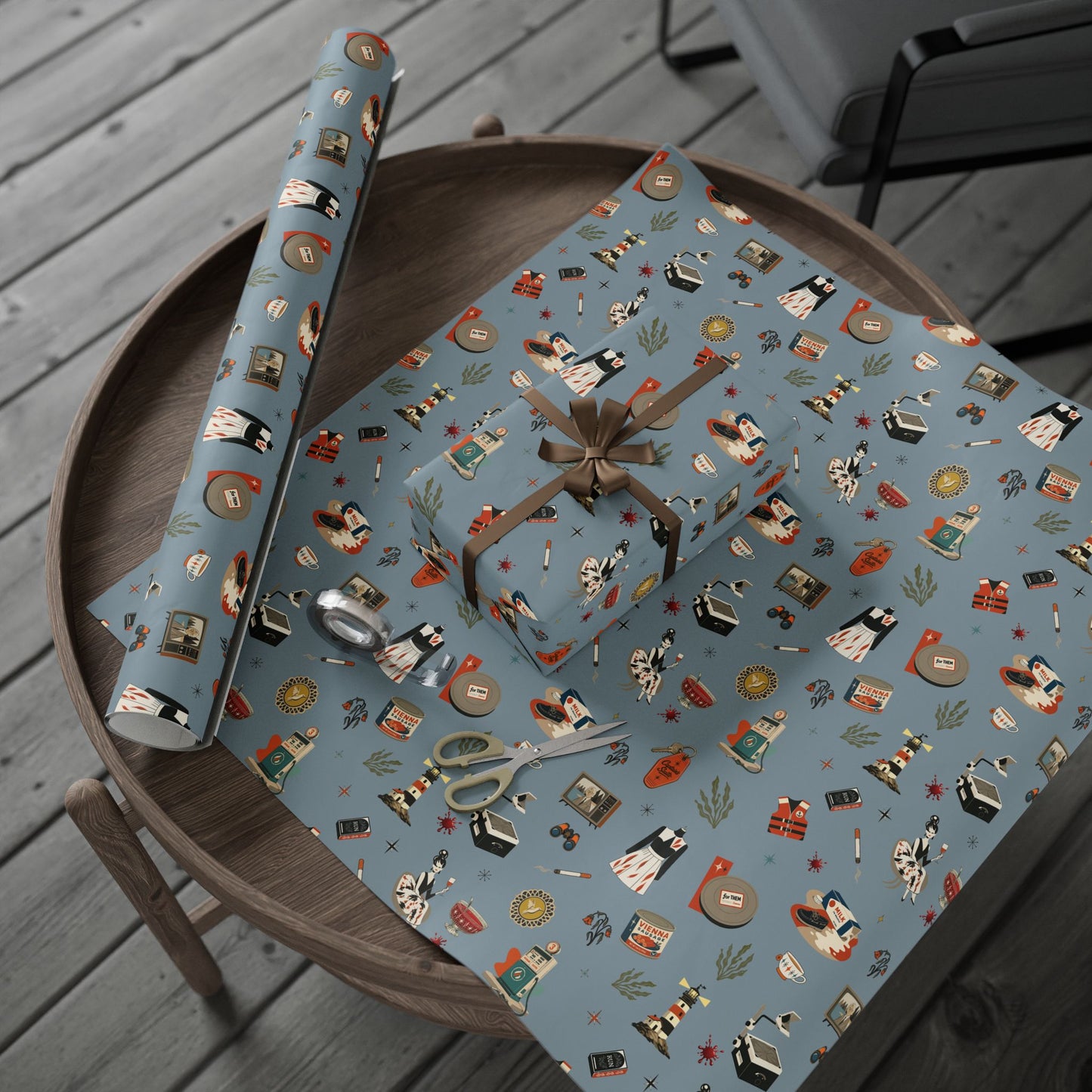 Widows Bay Inspired Wrapping Paper | Retro Coastal Mystery Gift Wrap | Vintage Motel Wallpaper Style | Stormy Harbor Blue