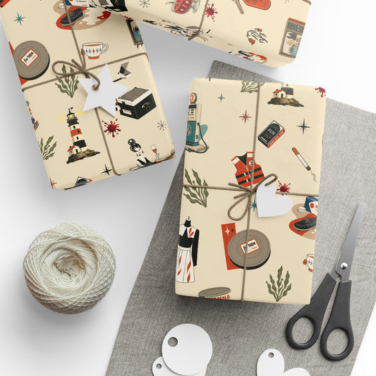 Widows Bay Inspired Wrapping Paper | Retro Coastal Mystery Gift Wrap | Vintage Motel Wallpaper Style | Boardwalk Cream Color