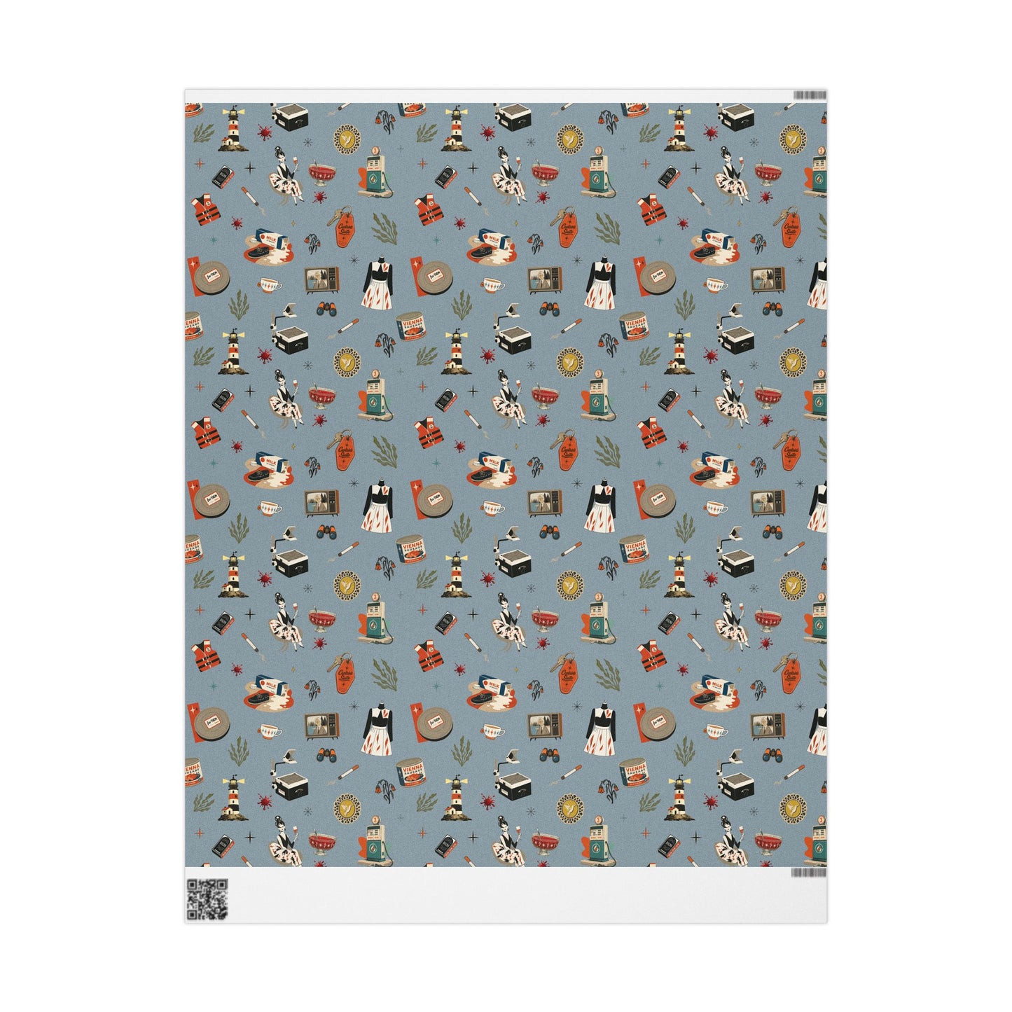 Widows Bay Inspired Wrapping Paper | Retro Coastal Mystery Gift Wrap | Vintage Motel Wallpaper Style | Stormy Harbor Blue