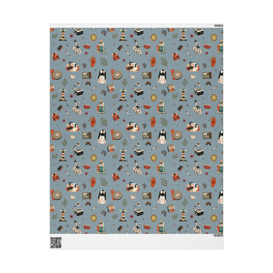 Widows Bay Inspired Wrapping Paper | Retro Coastal Mystery Gift Wrap | Vintage Motel Wallpaper Style | Stormy Harbor Blue