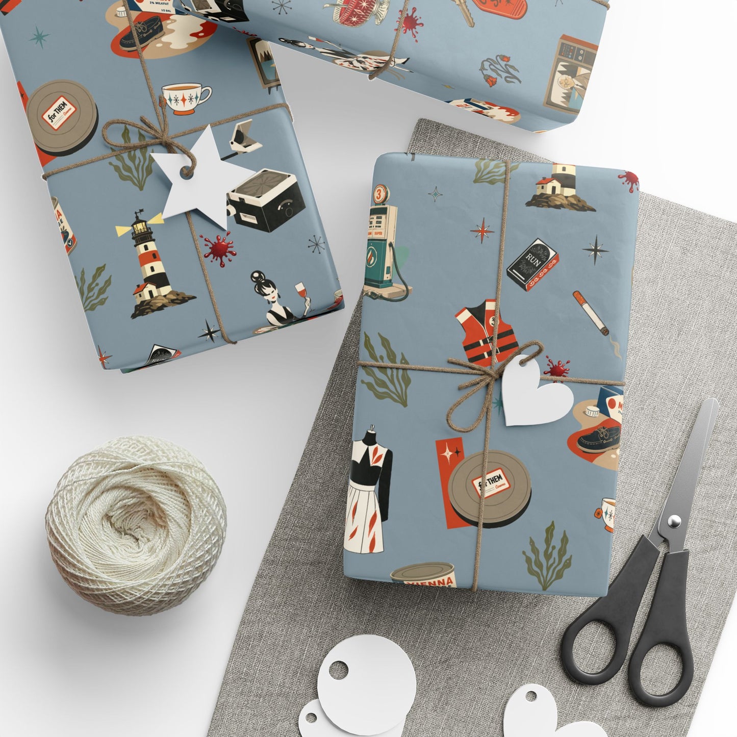 Widows Bay Inspired Wrapping Paper | Retro Coastal Mystery Gift Wrap | Vintage Motel Wallpaper Style | Stormy Harbor Blue