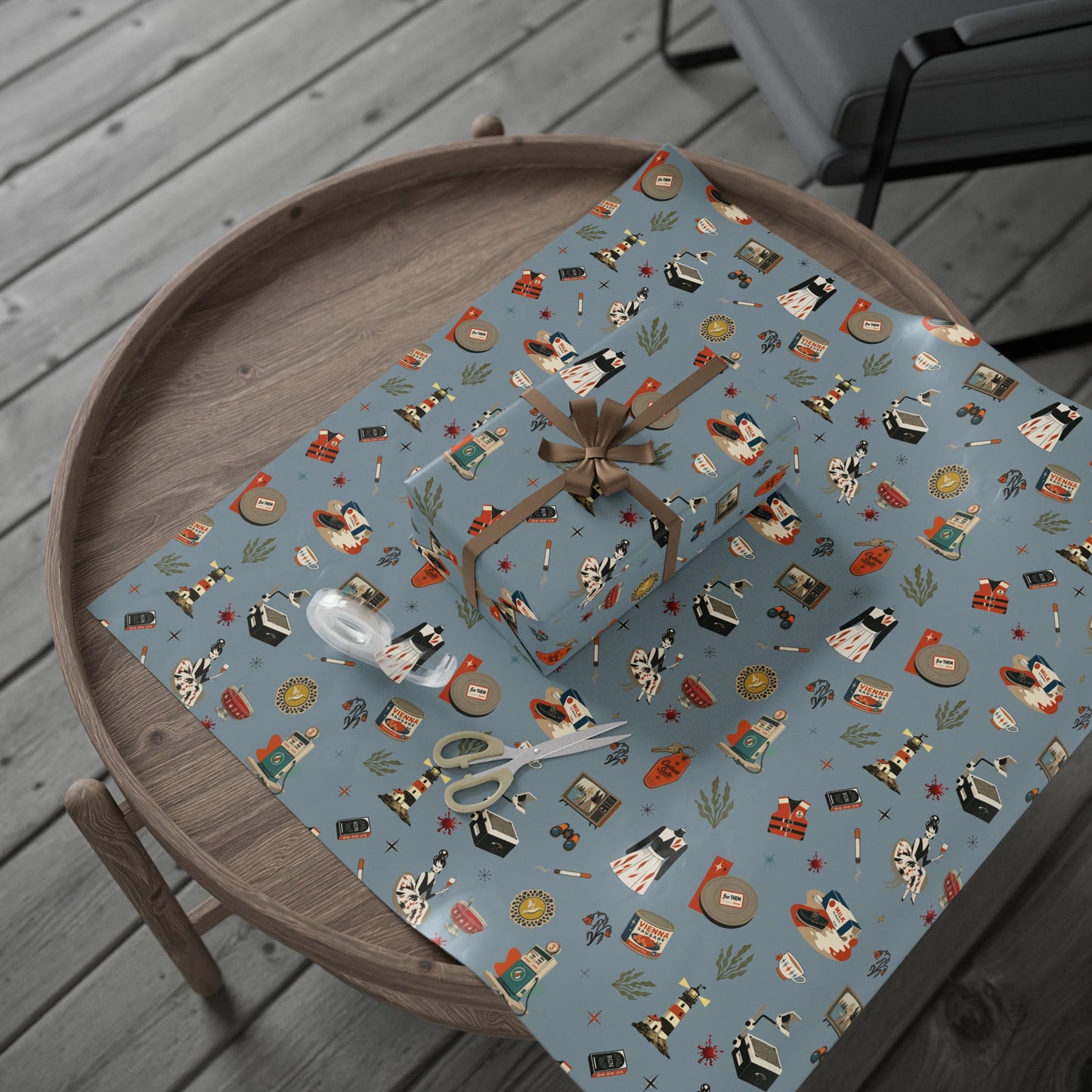 Widows Bay Inspired Wrapping Paper | Retro Coastal Mystery Gift Wrap | Vintage Motel Wallpaper Style | Stormy Harbor Blue