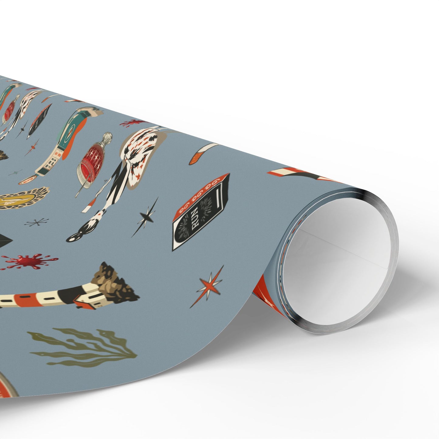 Widows Bay Inspired Wrapping Paper | Retro Coastal Mystery Gift Wrap | Vintage Motel Wallpaper Style | Stormy Harbor Blue