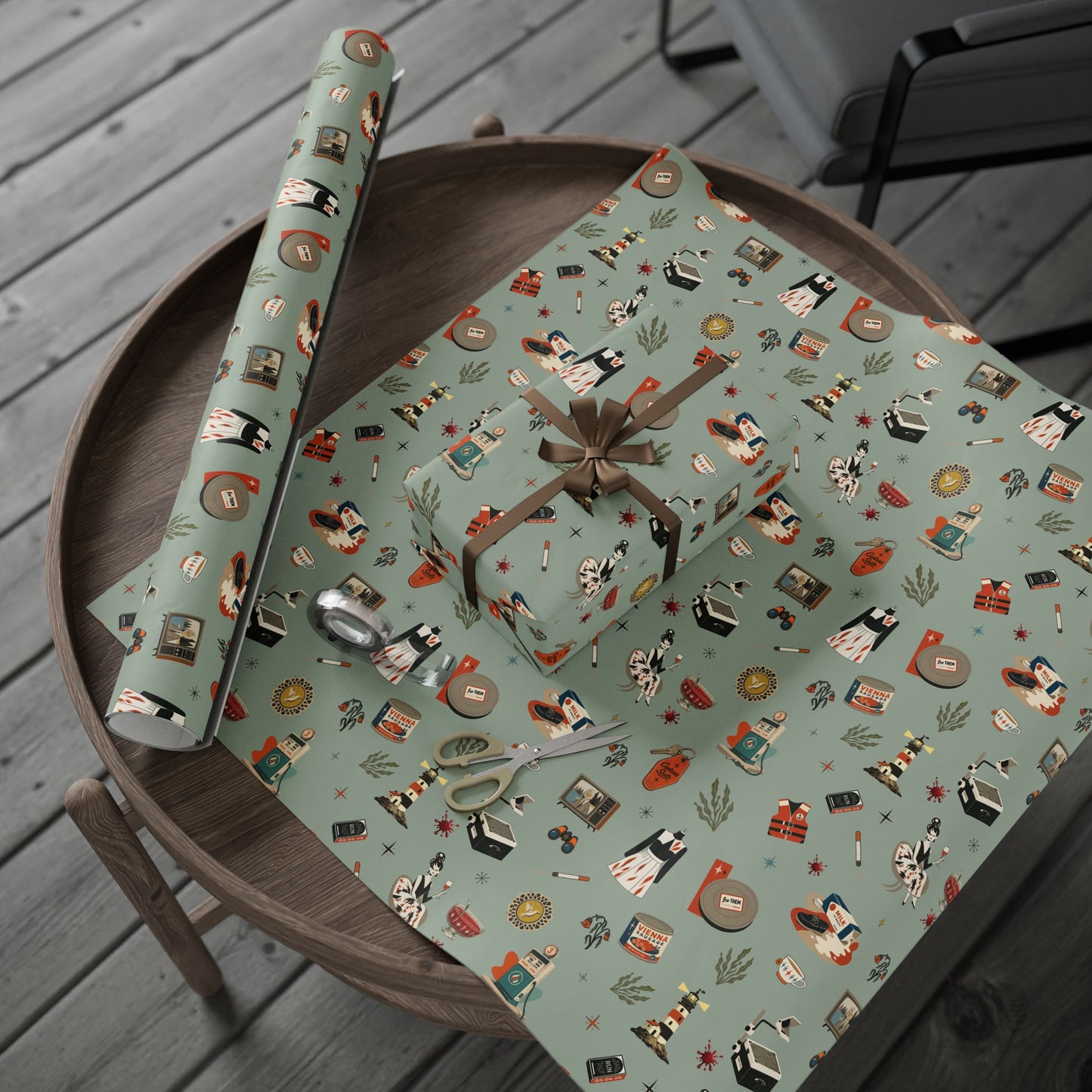 Widows Bay Inspired Wrapping Paper | Retro Coastal Mystery Gift Wrap | Vintage Motel Wallpaper Style | Sea Hag Sage