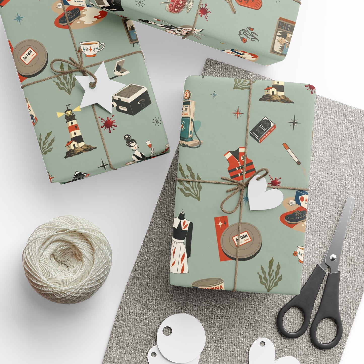 Widows Bay Inspired Wrapping Paper | Retro Coastal Mystery Gift Wrap | Vintage Motel Wallpaper Style | Sea Hag Sage