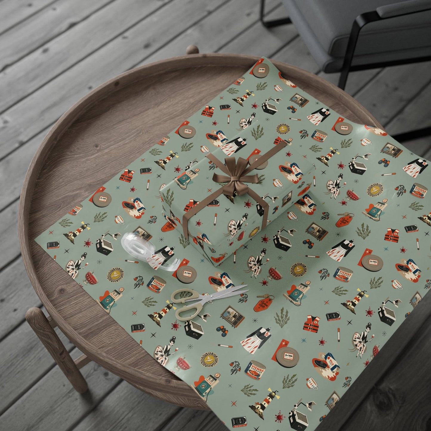 Widows Bay Inspired Wrapping Paper | Retro Coastal Mystery Gift Wrap | Vintage Motel Wallpaper Style | Sea Hag Sage