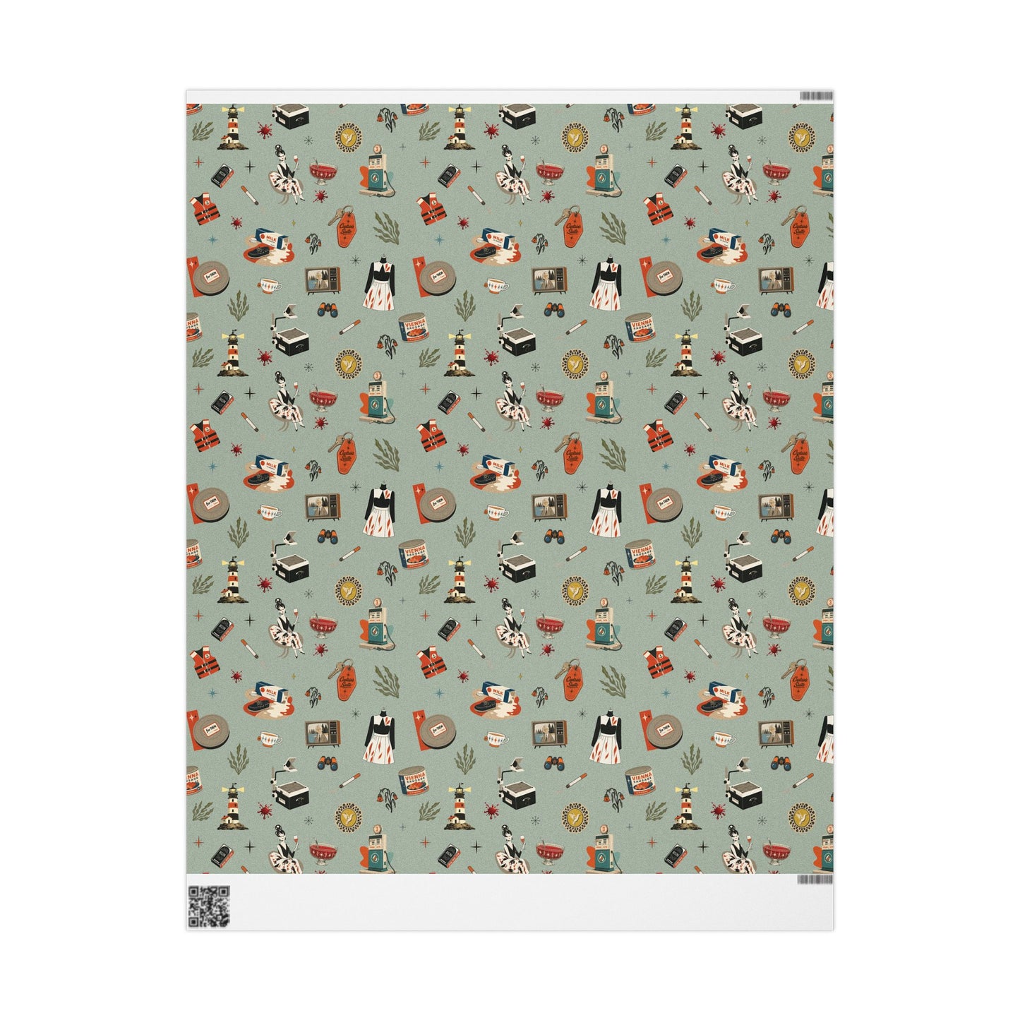 Widows Bay Inspired Wrapping Paper | Retro Coastal Mystery Gift Wrap | Vintage Motel Wallpaper Style | Sea Hag Sage