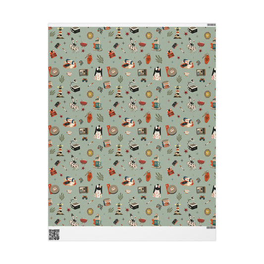 Widows Bay Inspired Wrapping Paper | Retro Coastal Mystery Gift Wrap | Vintage Motel Wallpaper Style | Sea Hag Sage
