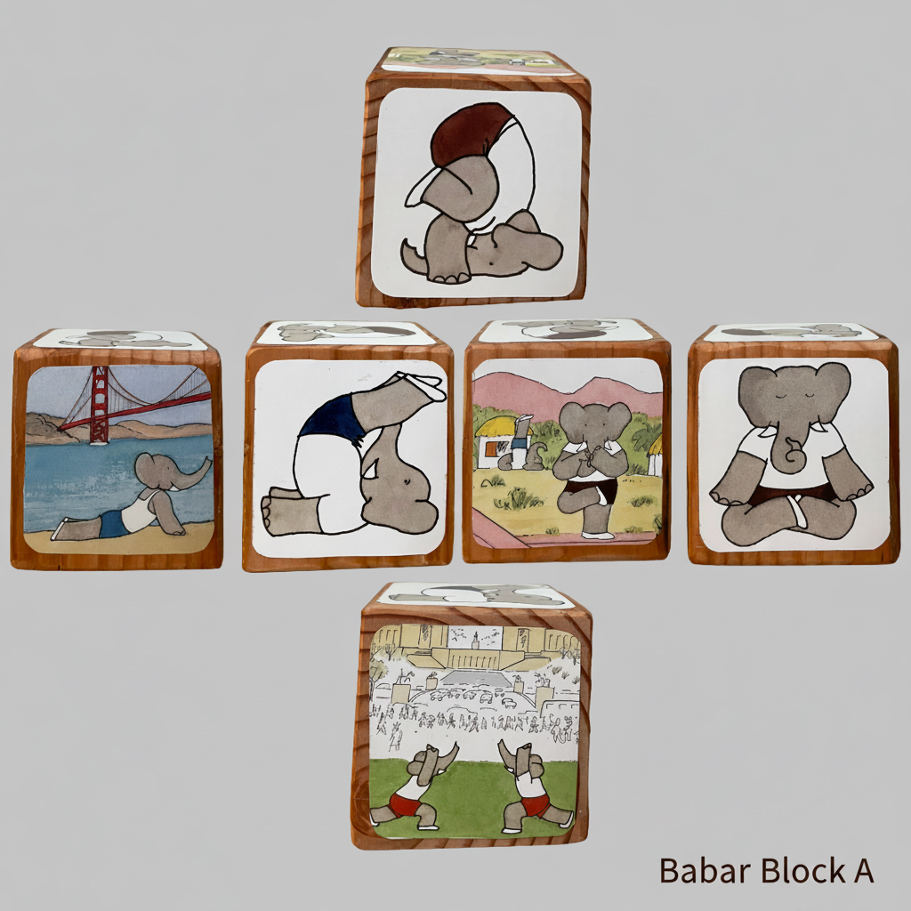 Set of wooden blocks with illustrated scenes and a bear character on a gray background