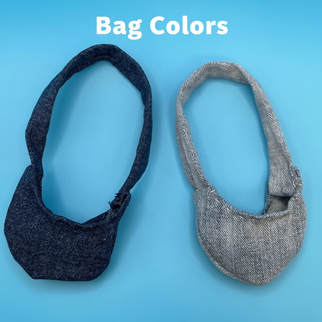 Two small fabric shoulder bags with loop straps, one dark navy blue and one light gray, displayed side-by-side on a bright blue background.