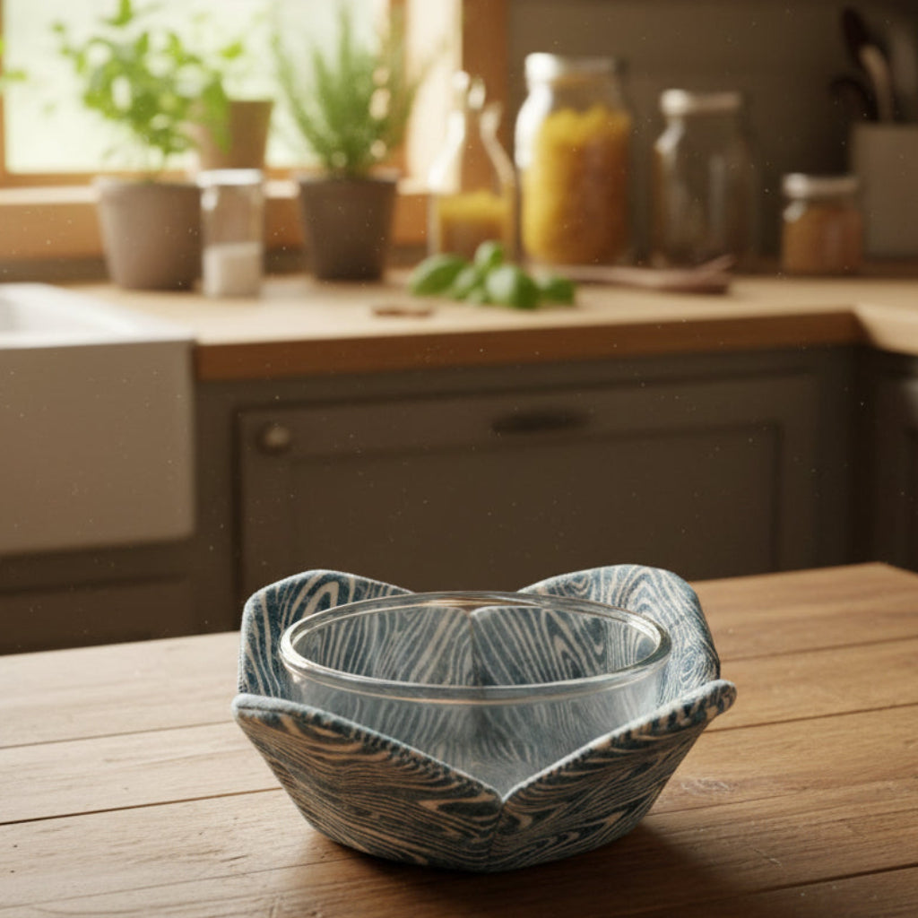 Clear glass bowl with blue and white patterned faux bois bowl cozy