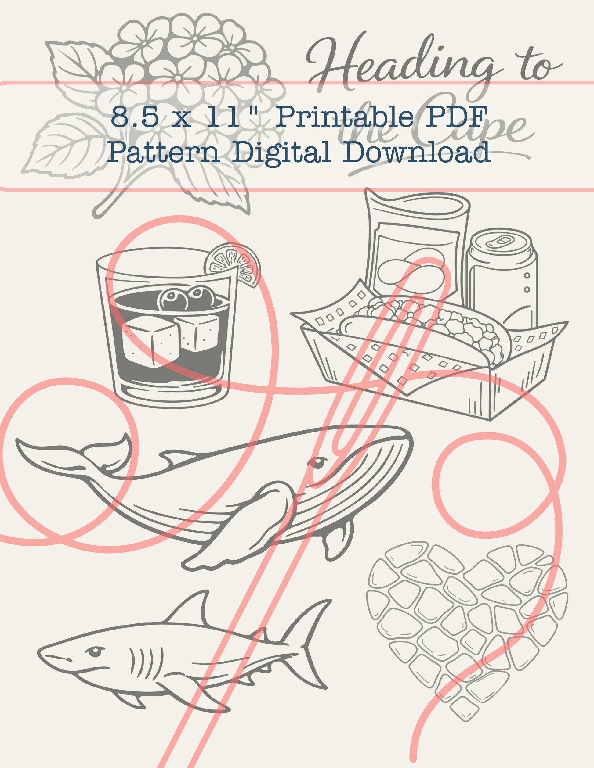 Illustrations of a whale, shark, and other items with text about a 8.5 x 11" printable PDF pattern digital download.