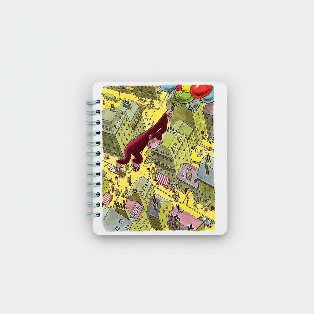 Curious George Carried Away by Balloons Cover of Upcycled Notebook
