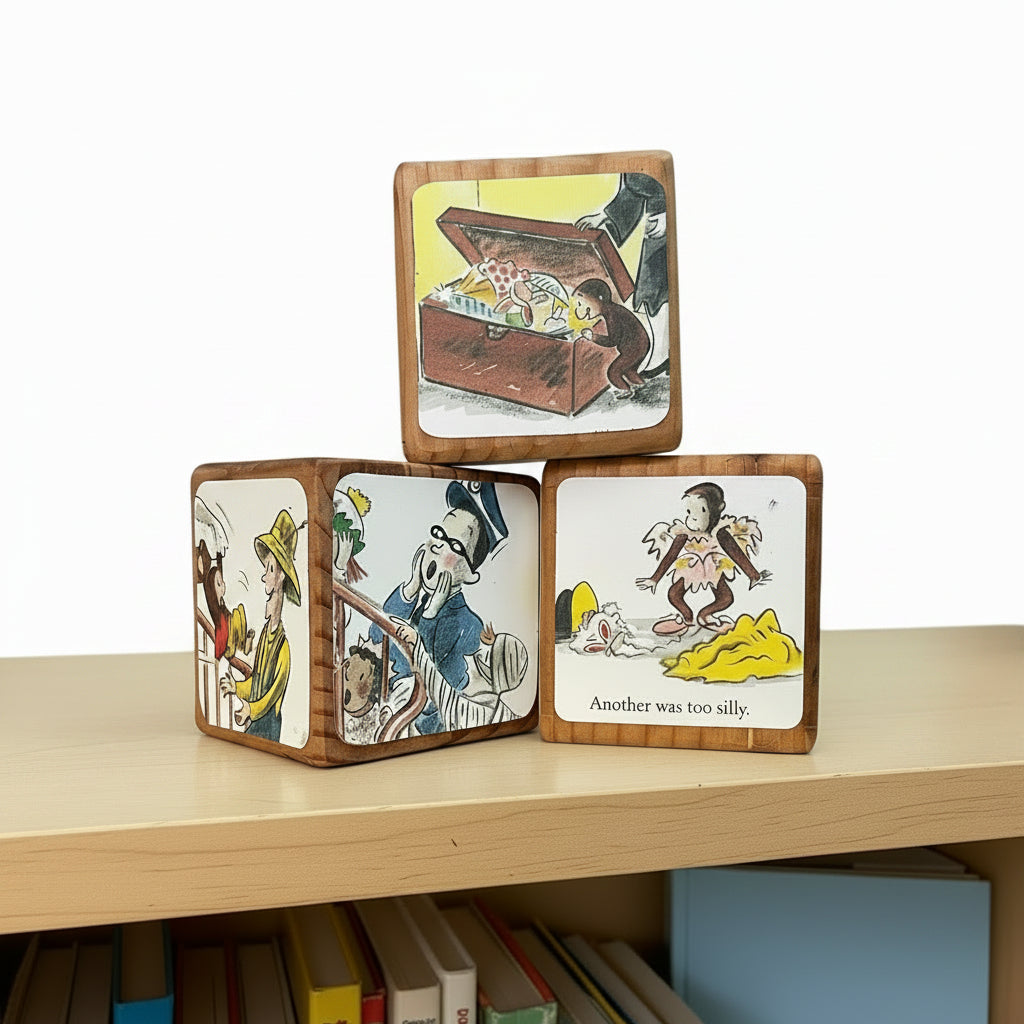 Set of wooden blocks with illustrated scenes from Curious George Goes to a Costume Party characters on a table.