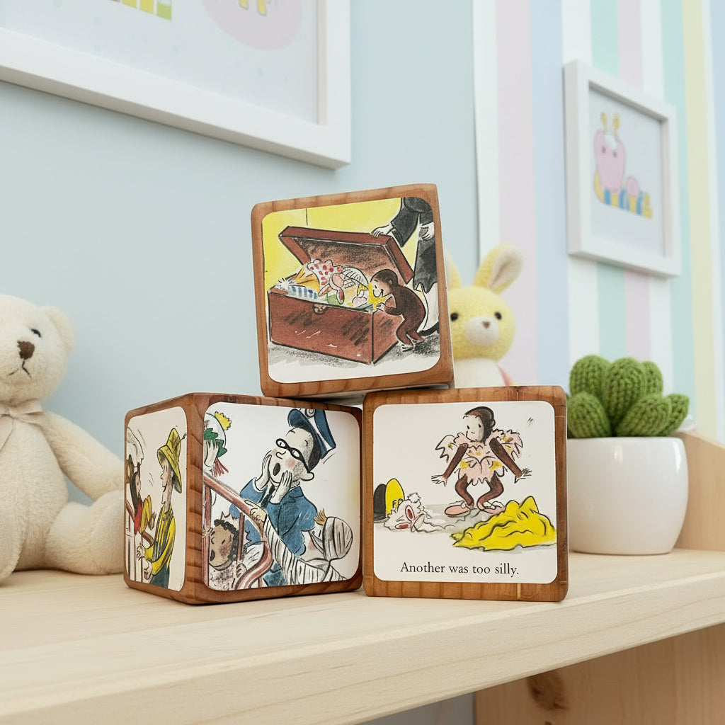 Set of wooden blocks with illustrated scenes from Curious George Goes to a Costumer Party on a nursery table.