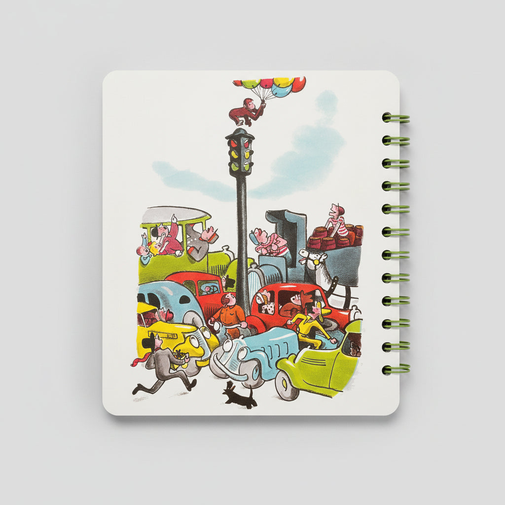 Curious George carried away by balloons over traffic