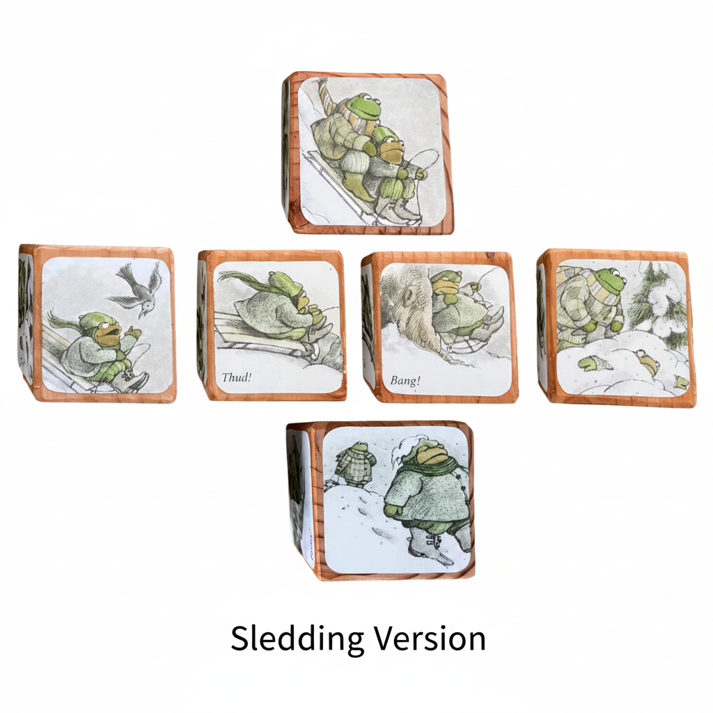 Set of seven square blocks with frog illustrations on a white background