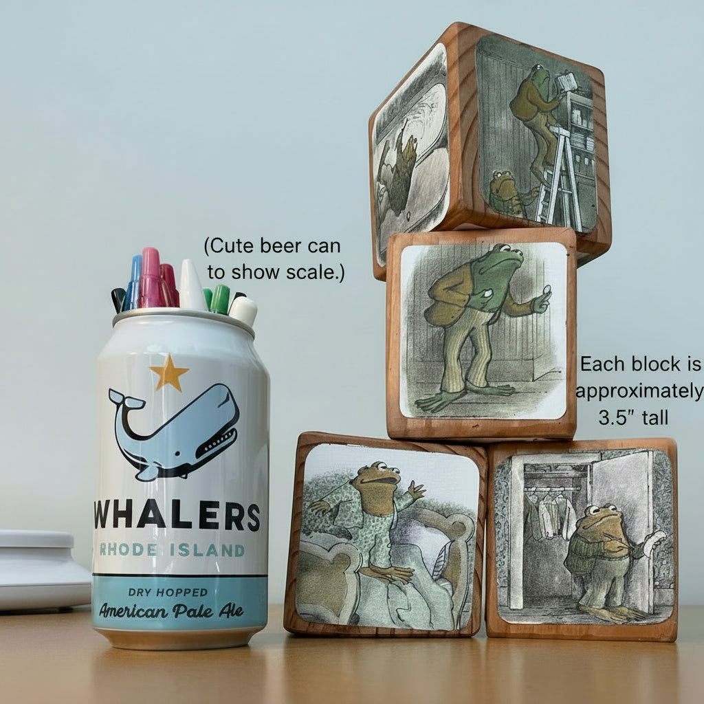 Whalers Rhode Island can with a stack of decorative wooden blocks on a table.