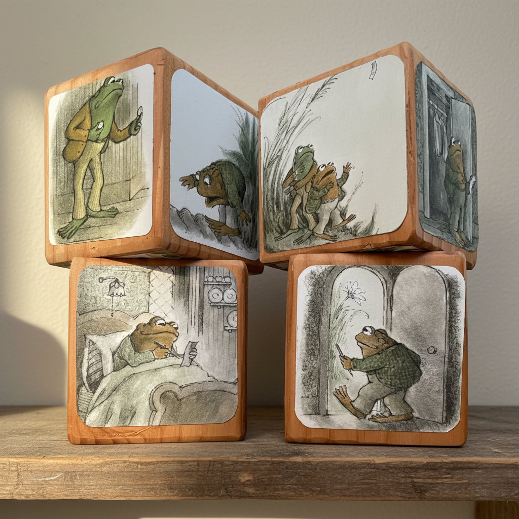 Wooden storyblock with illustrated Frog and Toad Together designs stacked on a wooden shelf