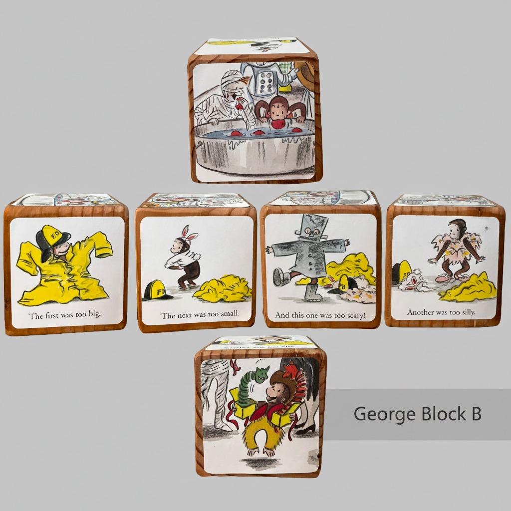 Set of children's storybook blocks with illustrated characters and text on a gray background