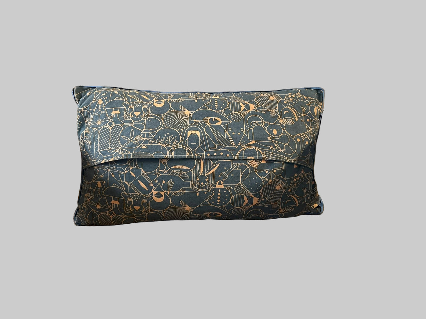 Back of throw pillow with Charley Harper barkcloth Endpapers fabric