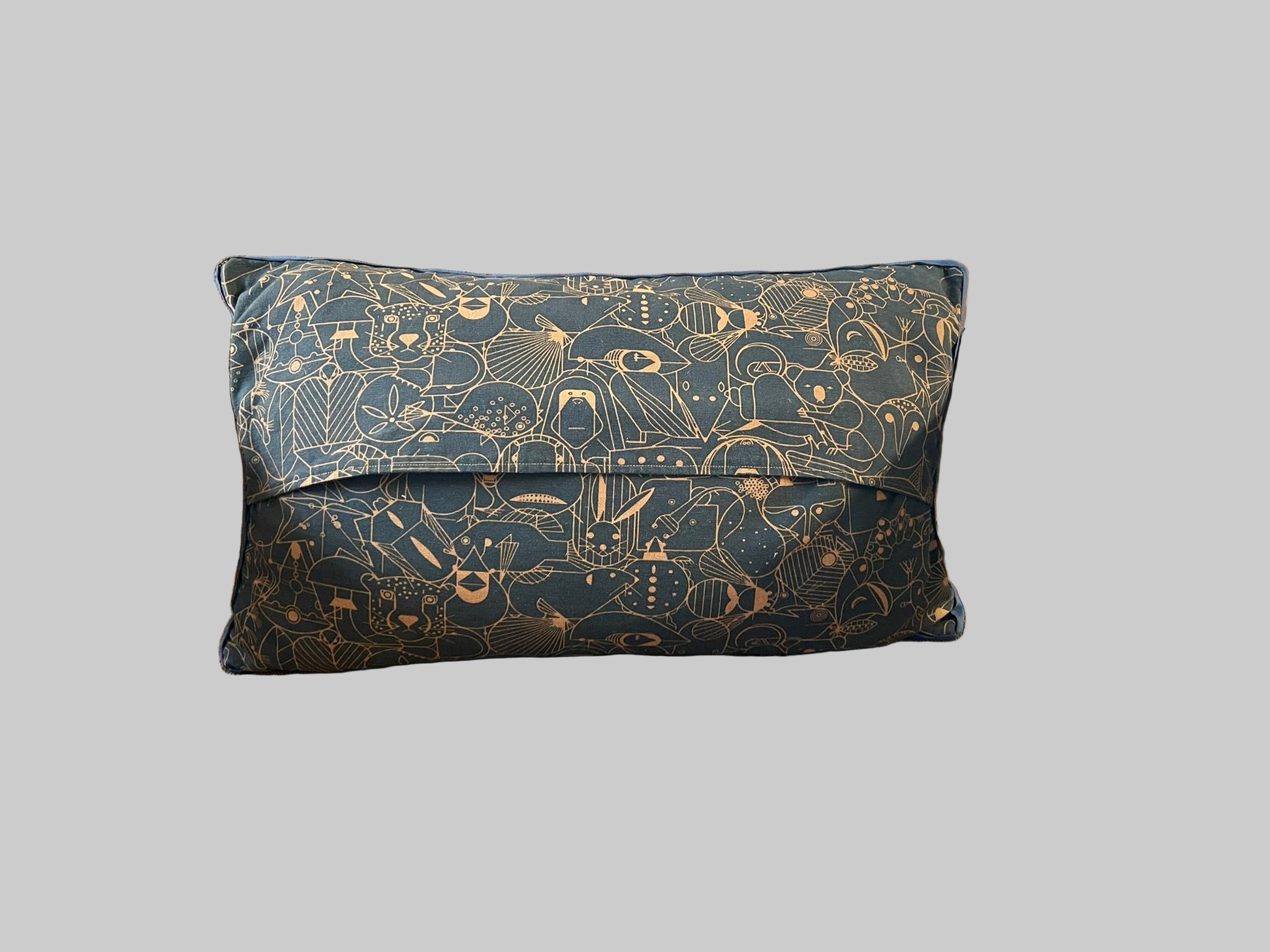 Back of throw pillow with Charley Harper barkcloth Endpapers fabric