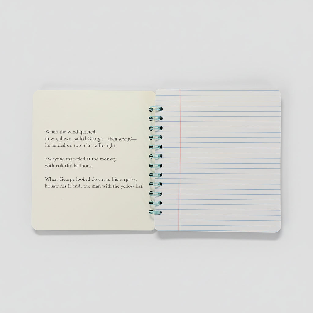 Open notebook with text on one page and lined pages on the other, on a textured surface.