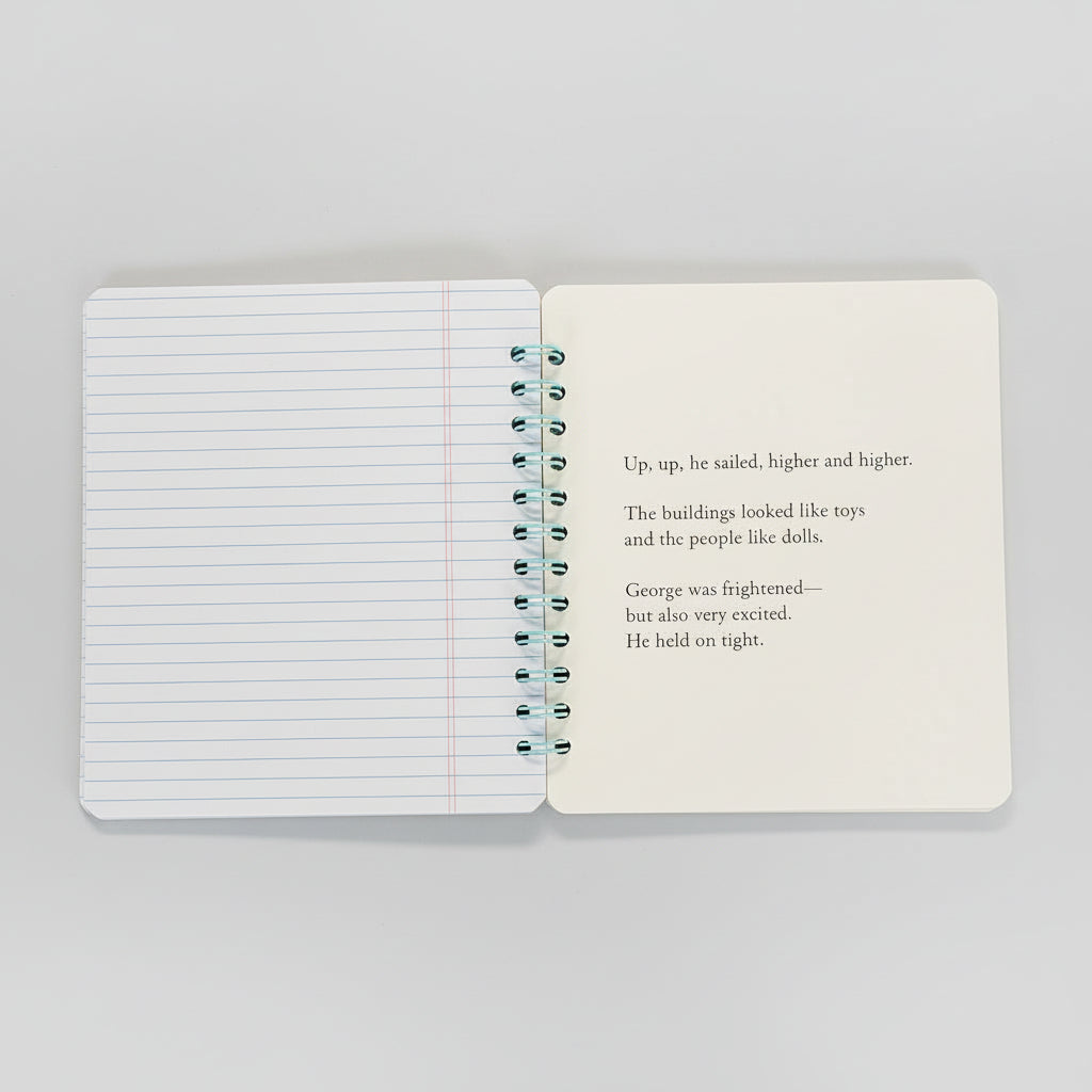 Open notebook with lined pages and text on a brown background