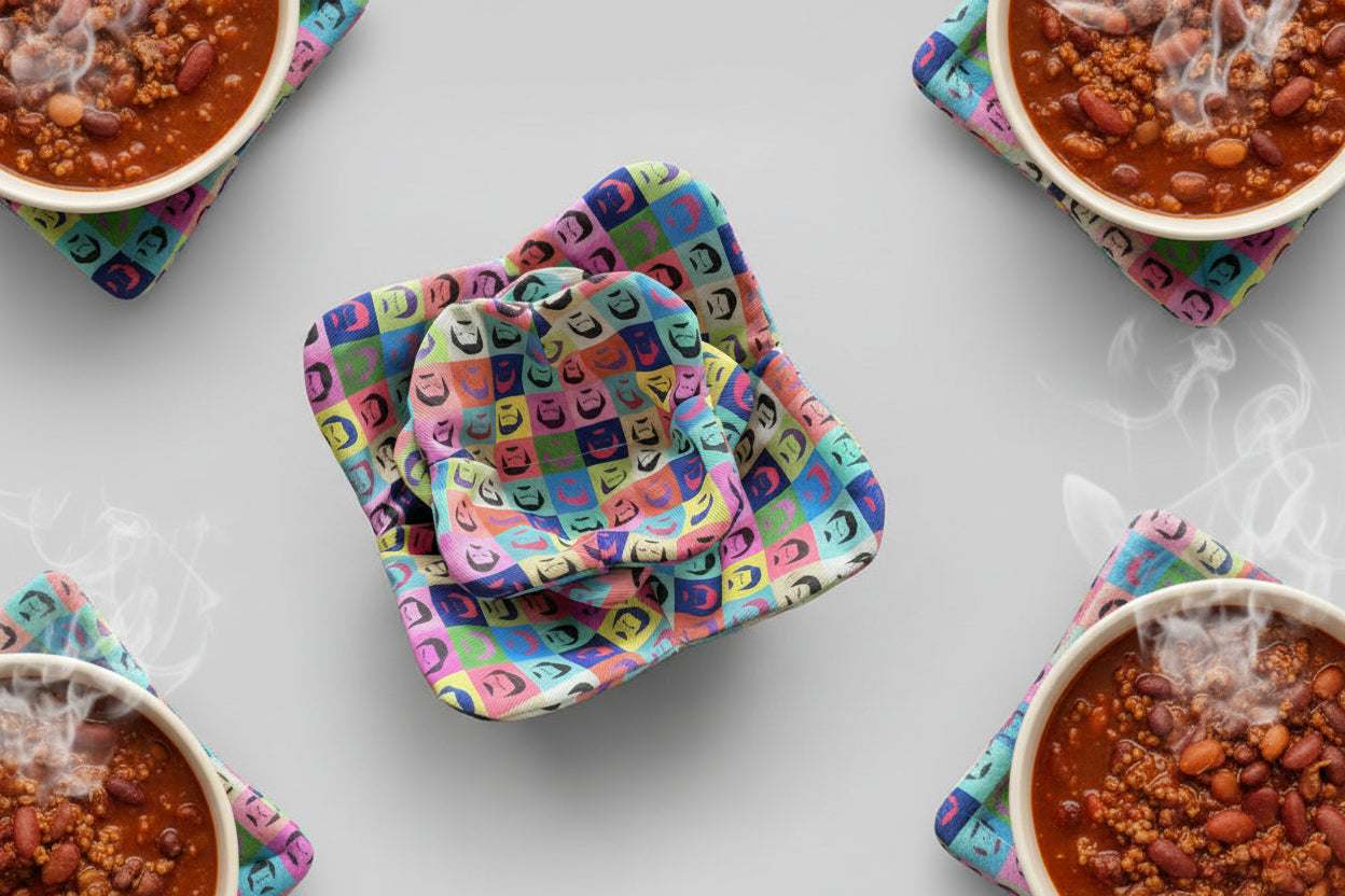 Cozies holding bowls of chili with Ron Swanson-style fabric
