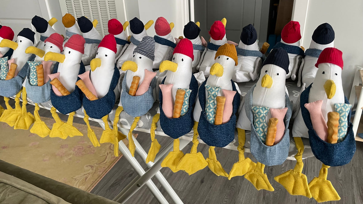 Handmade Stuffed Seagull with Removable Hat, Denim Bag and One Snack
