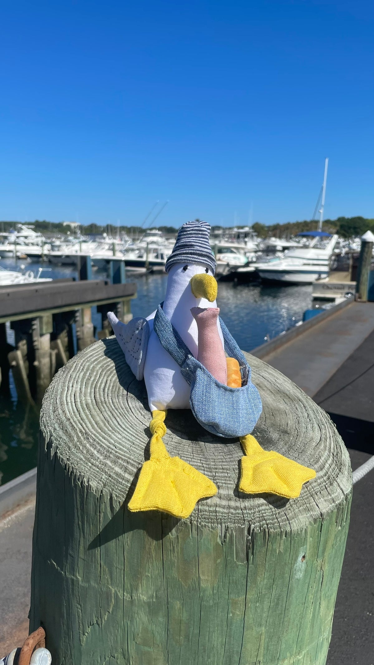 Handmade Stuffed Seagull with Removable Hat, Denim Bag and One Snack