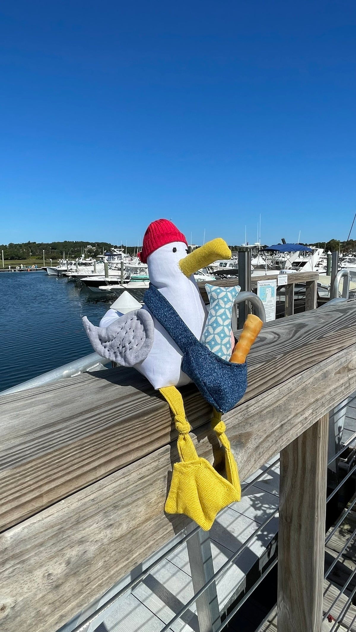 Handmade Stuffed Seagull with Removable Hat, Denim Bag and One Snack